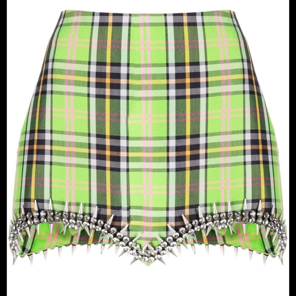 Area Green Plaid Skirt with Studded Hem